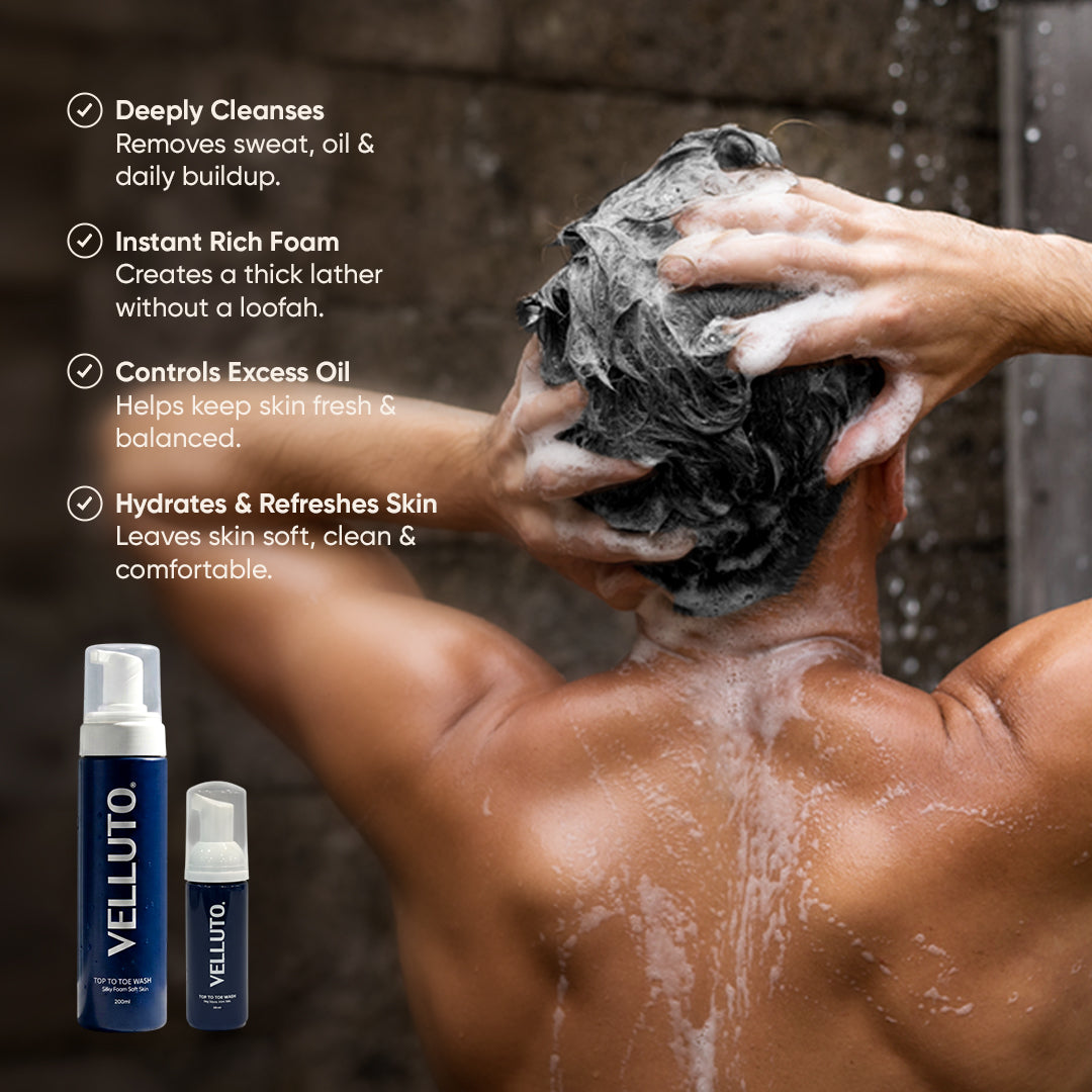 VELLUTO Foaming Top-to-Toe Wash 50ml (Pack of 4) | Travel Mini (50ml)