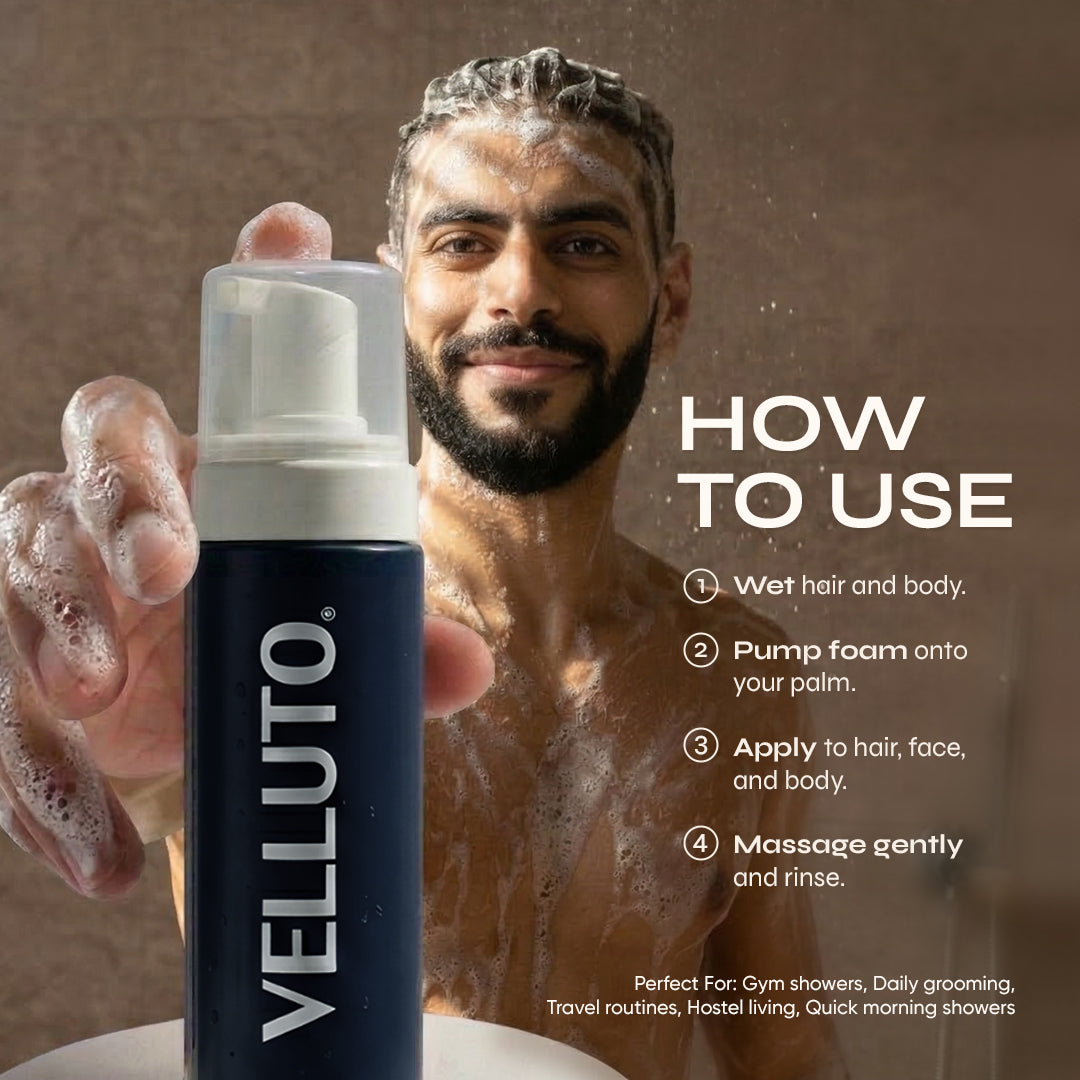 VELLUTO Foaming Top-to-Toe Wash 50ml (Pack of 4) | Travel Mini (50ml)