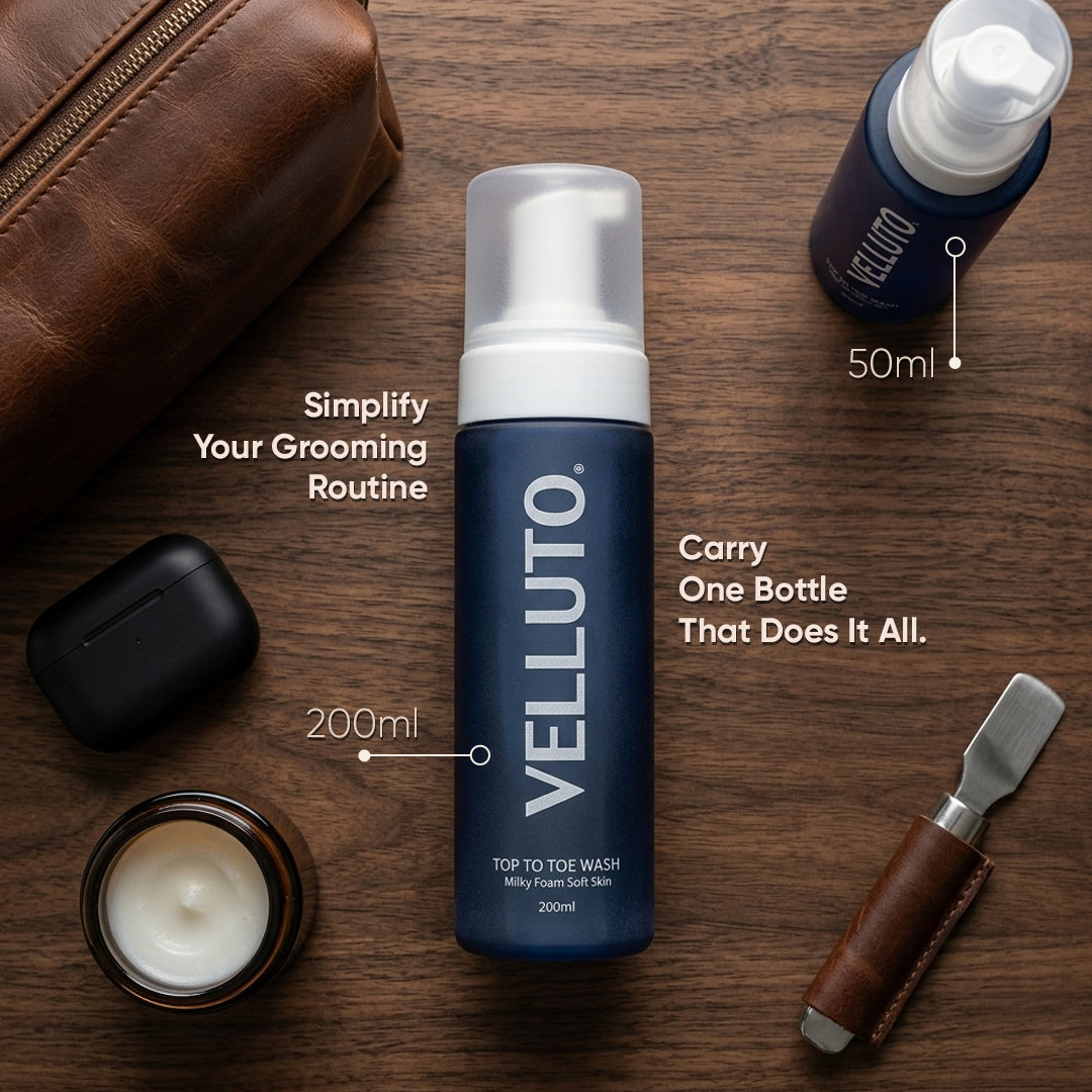 VELLUTO Foaming Top-to-Toe Wash 50ml (Pack of 4) | Travel Mini (50ml)