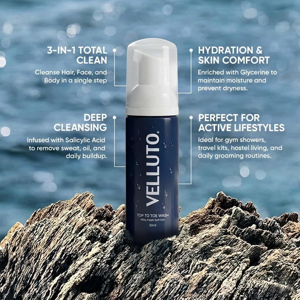 VELLUTO Foaming Top-to-Toe Wash 50ml (Pack of 4) | Travel Mini (50ml)