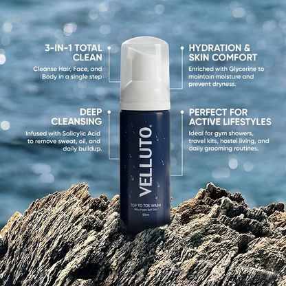 VELLUTO Foaming Top-to-Toe Wash 50ml (Pack of 4) | Travel Mini (50ml)